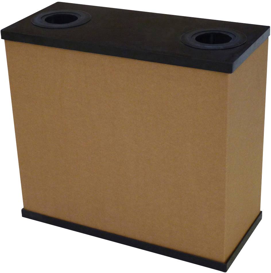 Brown waste bin with a black lid and two disposal openings at the top, standing against a white background.