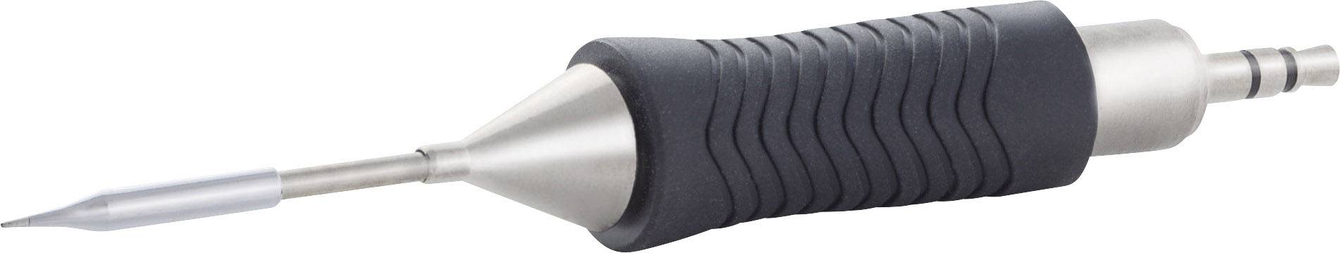 A silver, cylindrical tool with a black handle, similar to a soldering iron, with a slender, pointed tip at the end.