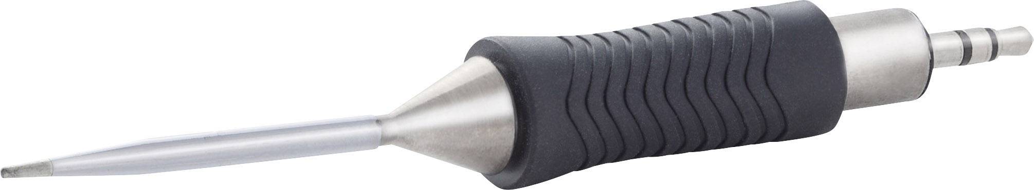 A grey metal grip with a black rubberised non-slip coating and a narrow, needle-like tip; a tattoo instrument.