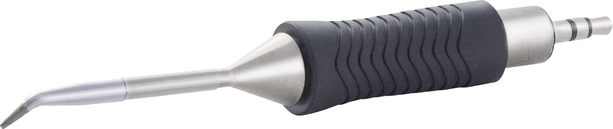 A dental ultrasonic instrument with a metal tip and ergonomic handle, used for tooth cleaning.