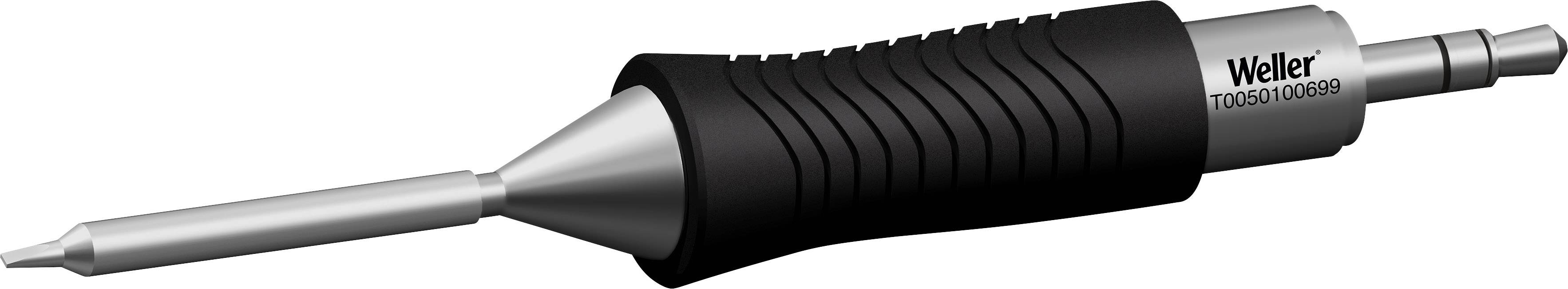 Weller soldering iron in close-up, black handle with silver tip.