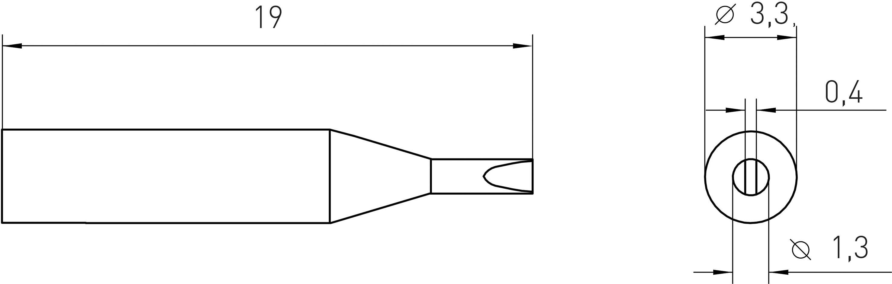 Side and front view of a screwdriver bit with length specifications: Total 19 mm, diameter 3.3 mm, slot depth 0.4 mm.