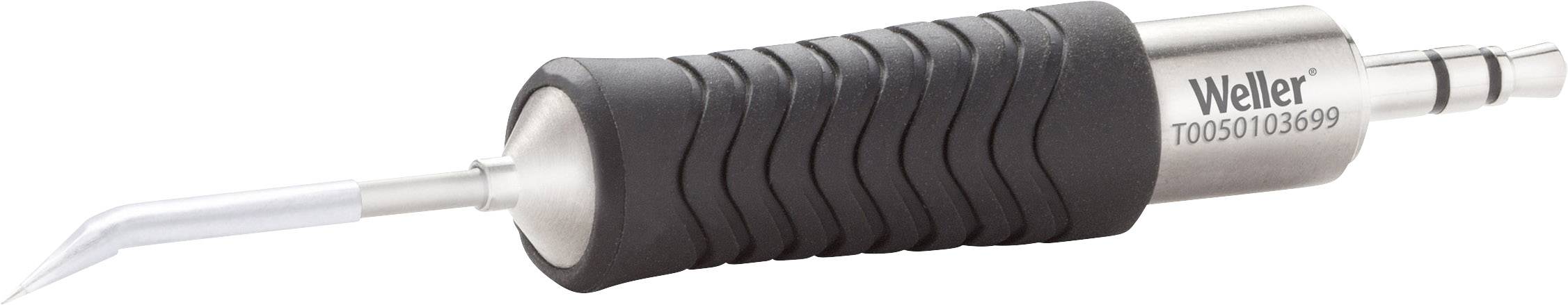 Soldering iron with black handle and sharp, curved tip. Marked with 'Weller T0050/013869', suitable for soldering work.