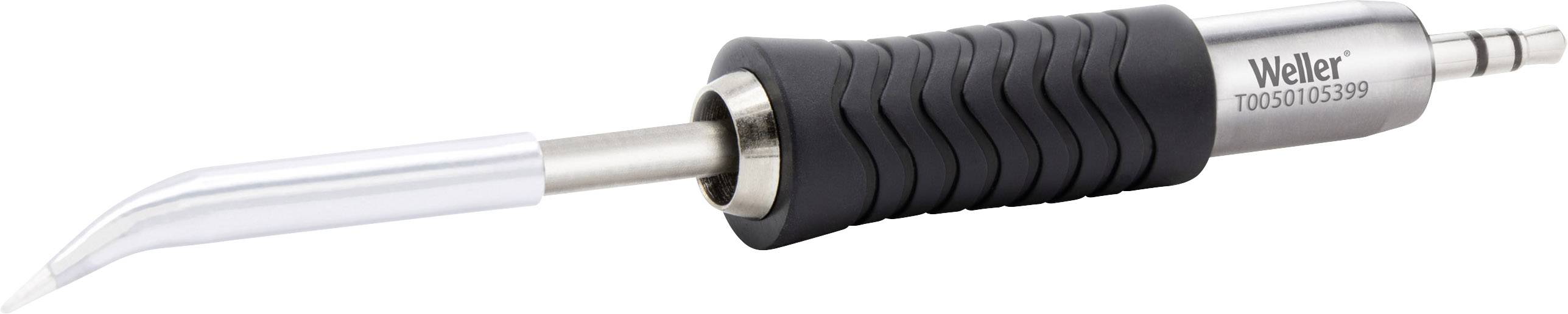 Soldering iron with curved tip, black handle and metal shaft, brand inscription 'Weller' at the end of the handle.