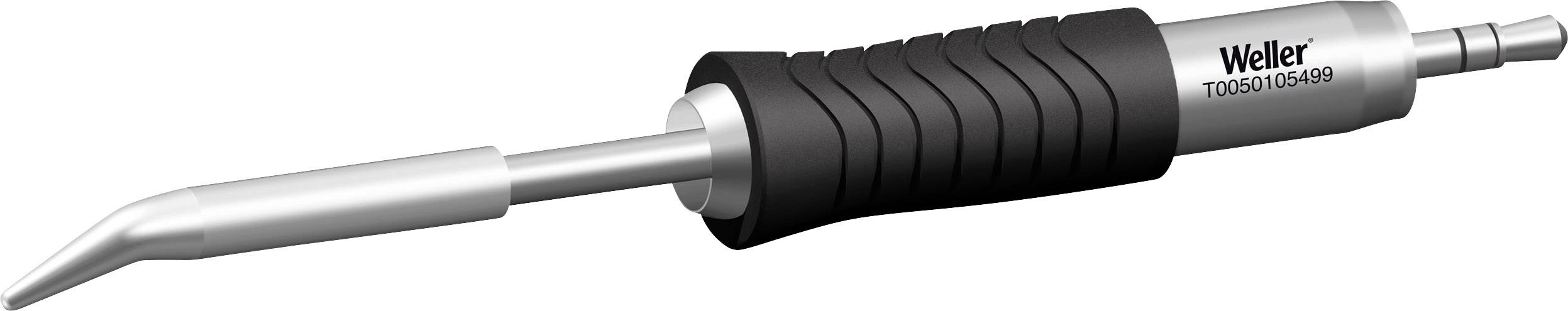 A soldering iron with a curved tip. Handle with parallel structural grooves. Inscription: 'Weller T0050102049'.