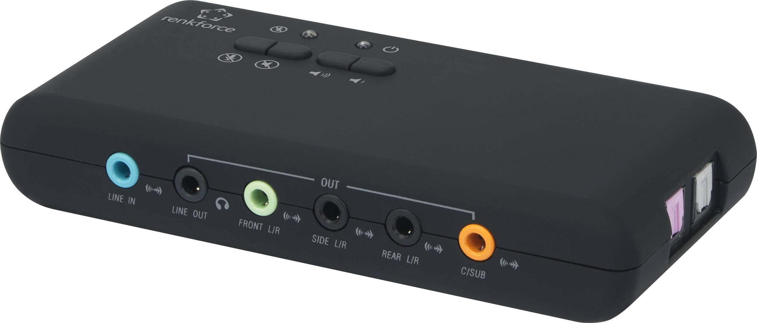 External sound card with five audio ports in various colours, suitable for connecting multiple audio devices simultaneously.