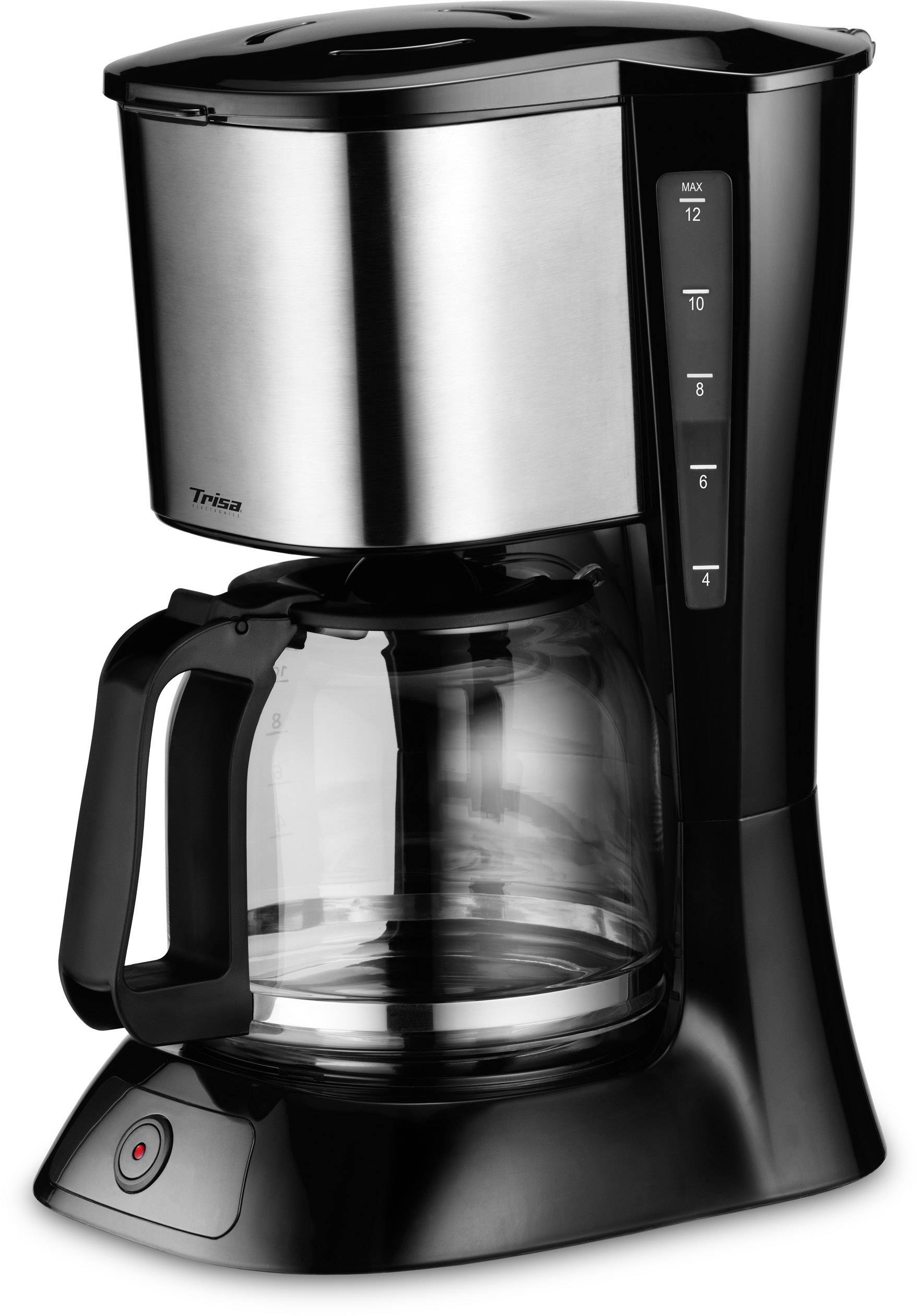 Coffee machine in a modern design with a glass carafe, black casing and silver elements. Capacity indicator on the right side.