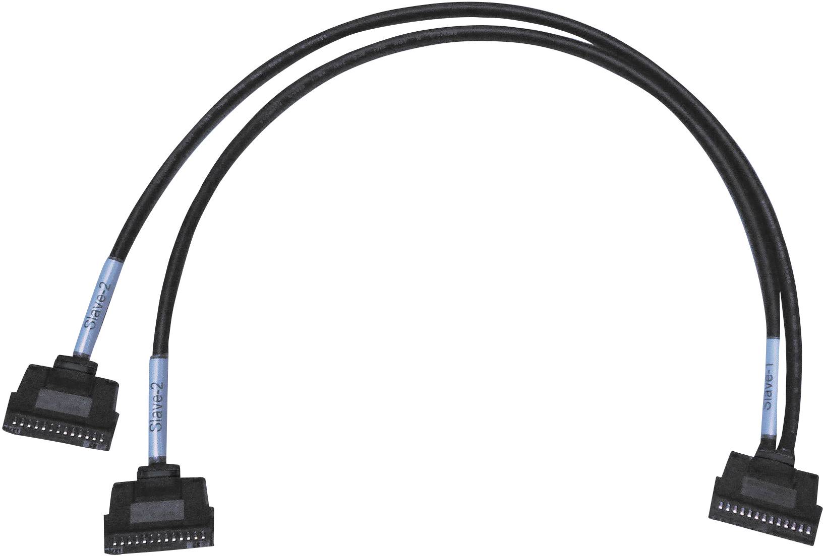 Two SATA data cables, black, each with blue markings, arranged in a Y-configuration, connecting a single end with two ports.