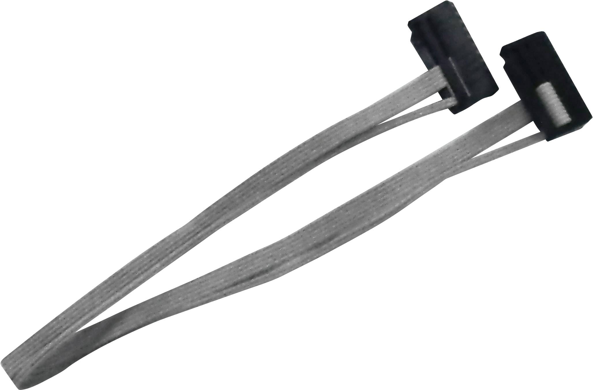 Two black flat ribbon cables with rectangular plugs at each end, connecting electronic components, often used in computers.