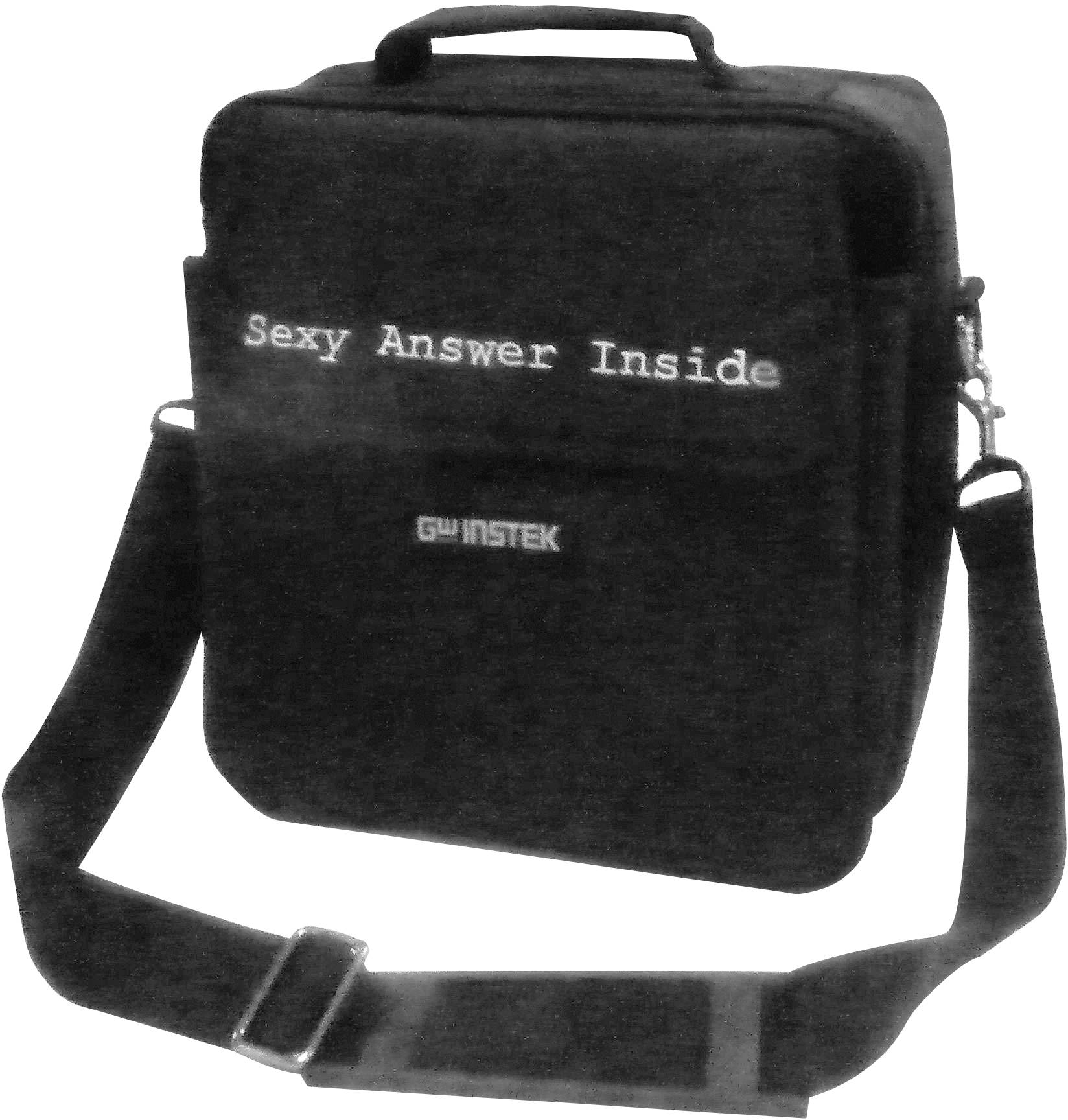 A black shoulder bag with the writing 'Sexy Answer Inside' and a company logo underneath.