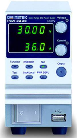 Laboratory power supply with digital display showing '30.00 V' voltage and '36.0 A' current. Brand name in top left corner, controls positioned underneath.