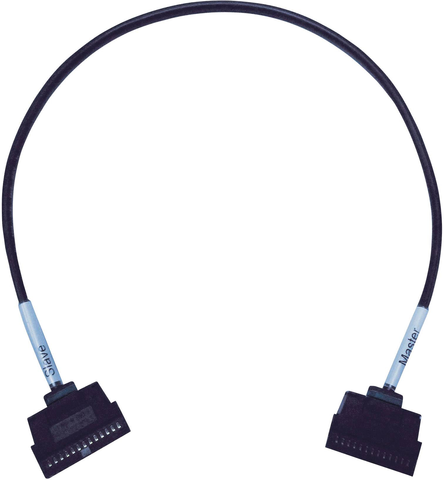 A black flat ribbon cable with blue connectors at both ends, suitable for computer hardware connections.