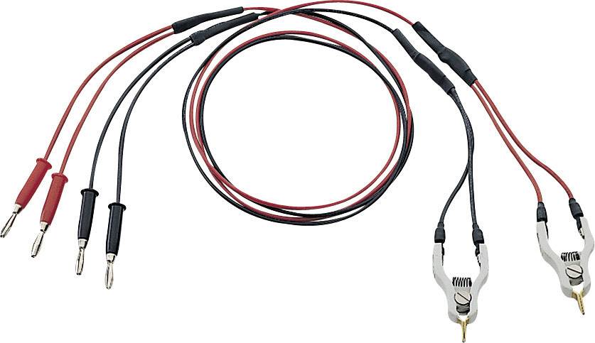 Test leads with banana plugs and crocodile clips in red and black, suitable for electronic measuring instruments.