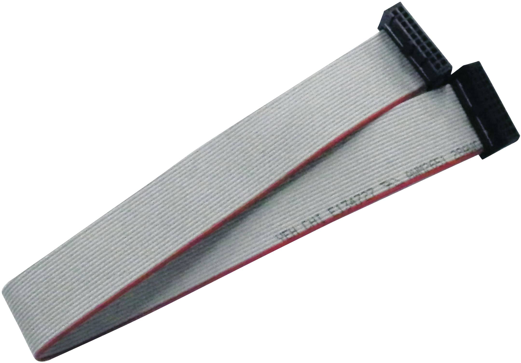 A grey flat ribbon cable with two black connectors, often used for internal connections in electronic devices.