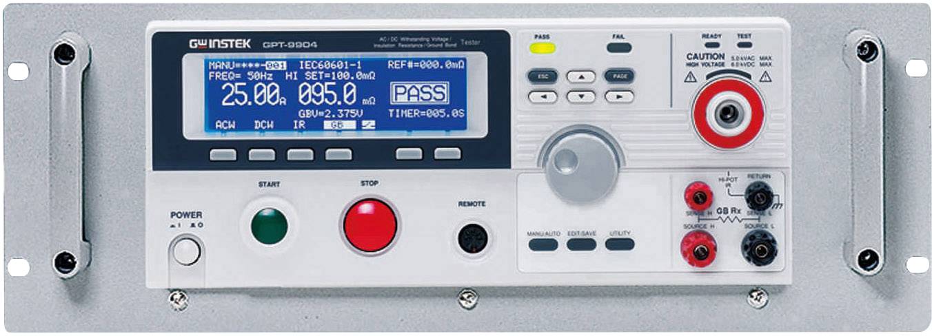 An electronic testing device with a digital display and control buttons shows 'PASS'. Used for voltage and frequency measurement.