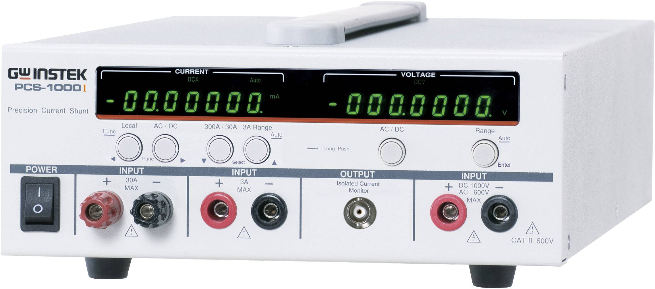 Precision power supply with display and control elements. Three inputs marked as 