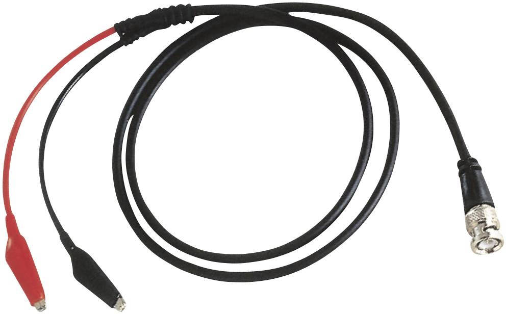 A black cable with a BNC plug at one end and red and black crocodile clips at the other end.