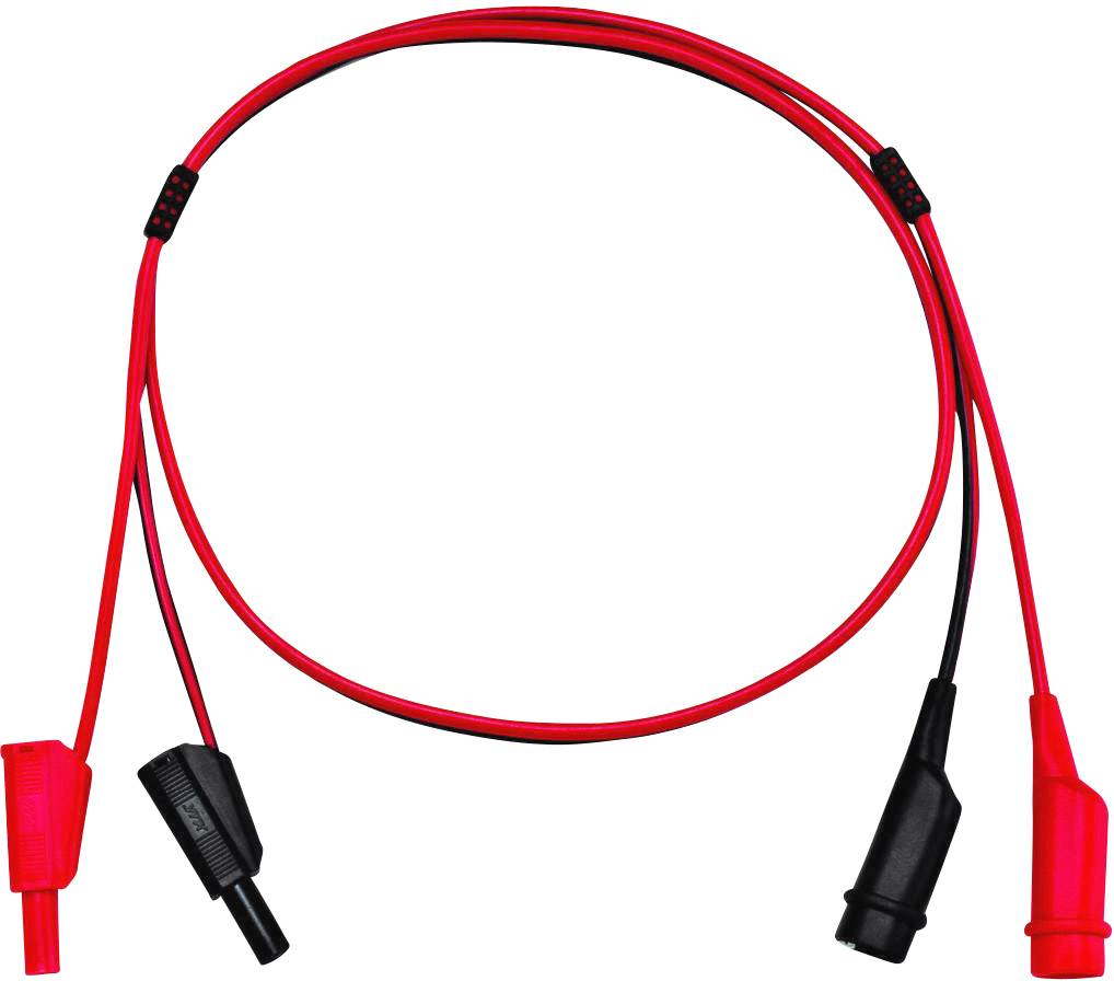 A red and black measuring lead cable with connectors at both ends, used for electrical measurements or tests.