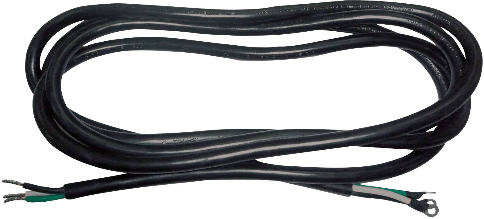 A black electric power cable with three stripped ends: one black, one white, and one green. Ideal for electrical installations.