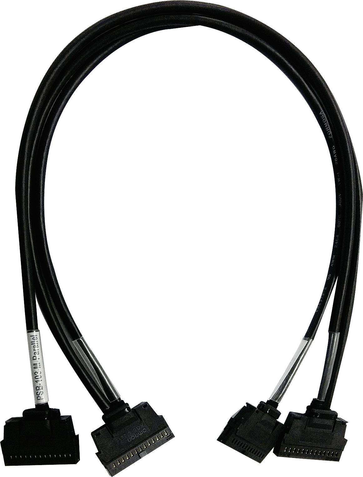 A black SATA power cable with one connector on one side and two connectors on the other side.