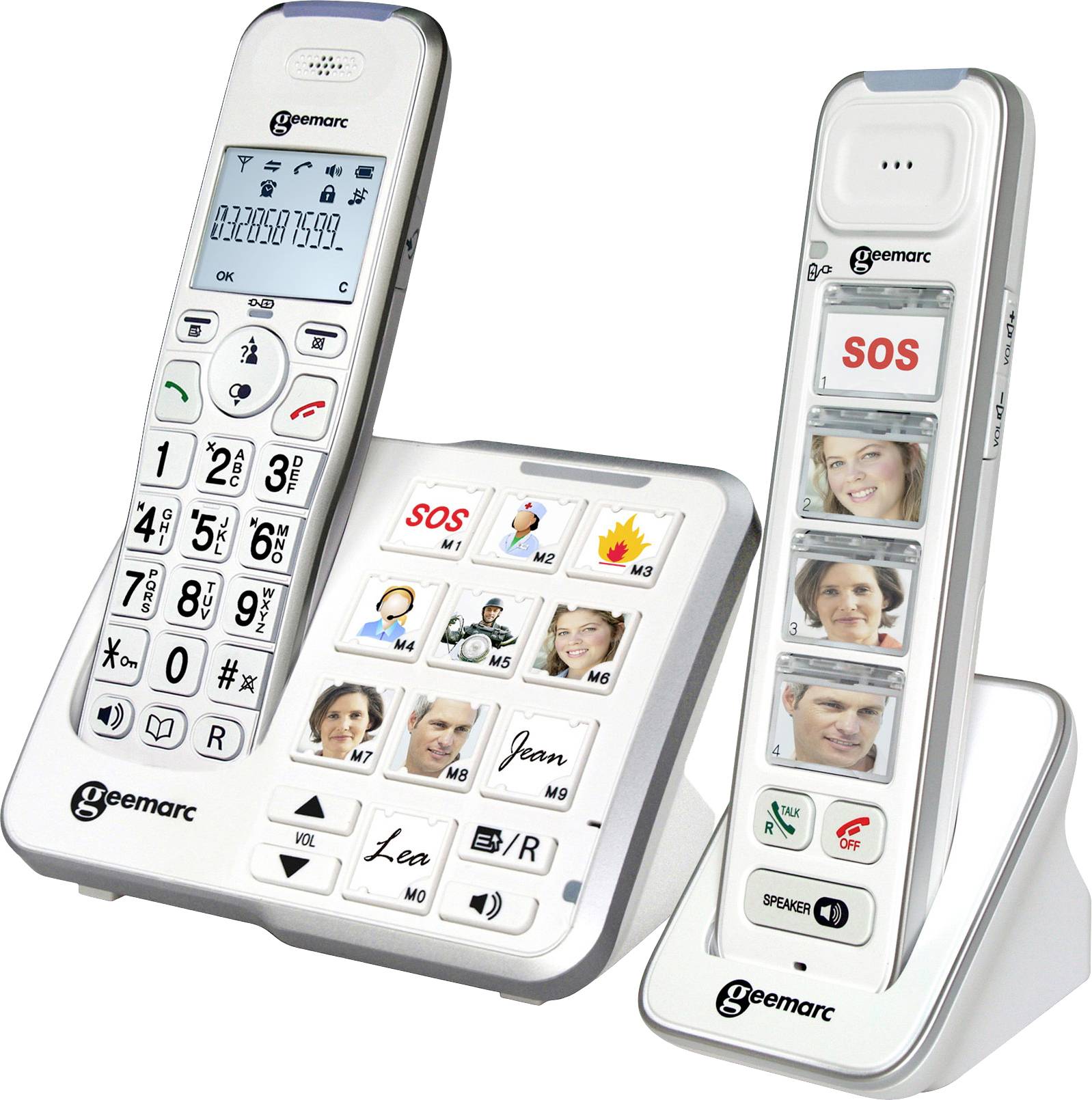 Two cordless telephones with large buttons. One shows incoming calls and has photo buttons, the other has an SOS button and picture contacts.