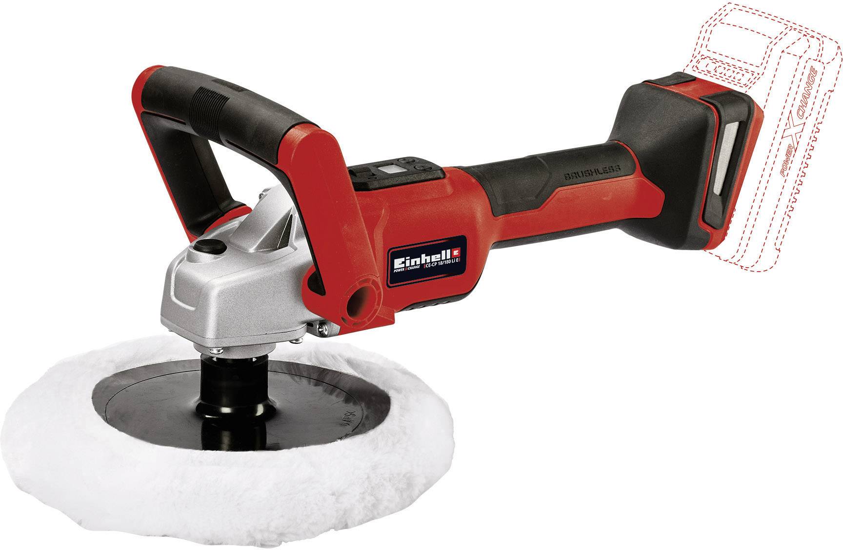 Battery-powered polishing machine with a red casing and black handle, used for polishing surfaces.