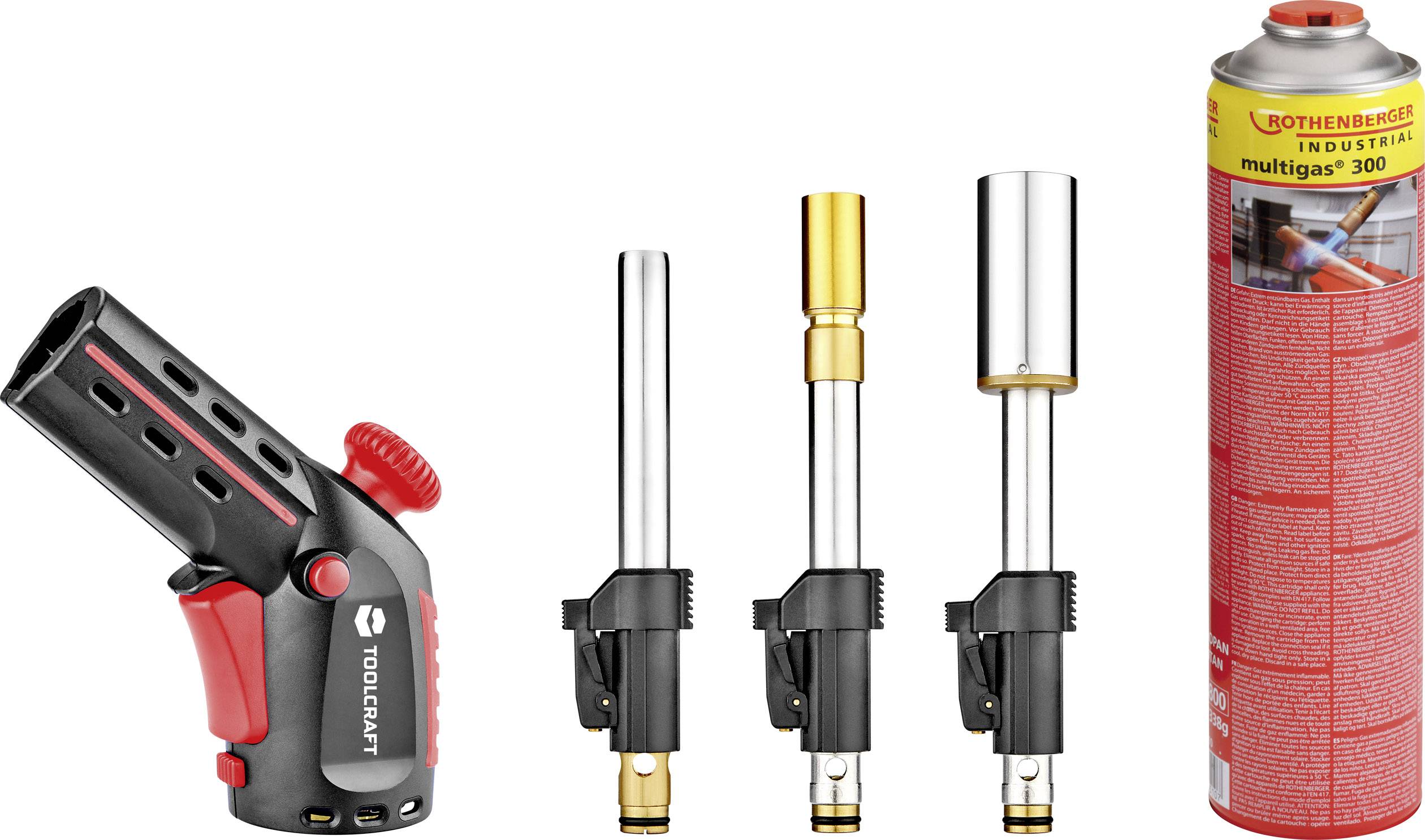 Soldering Torch Kit with red torch, three differently sized nozzle attachments and a butane gas cylinder, suitable for versatile soldering work.