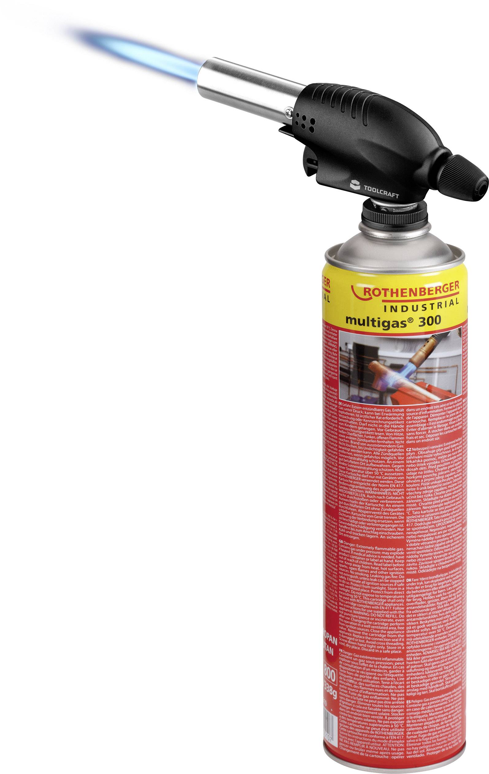 A gas burner with a blue flame above a Rothenberger gas cylinder.