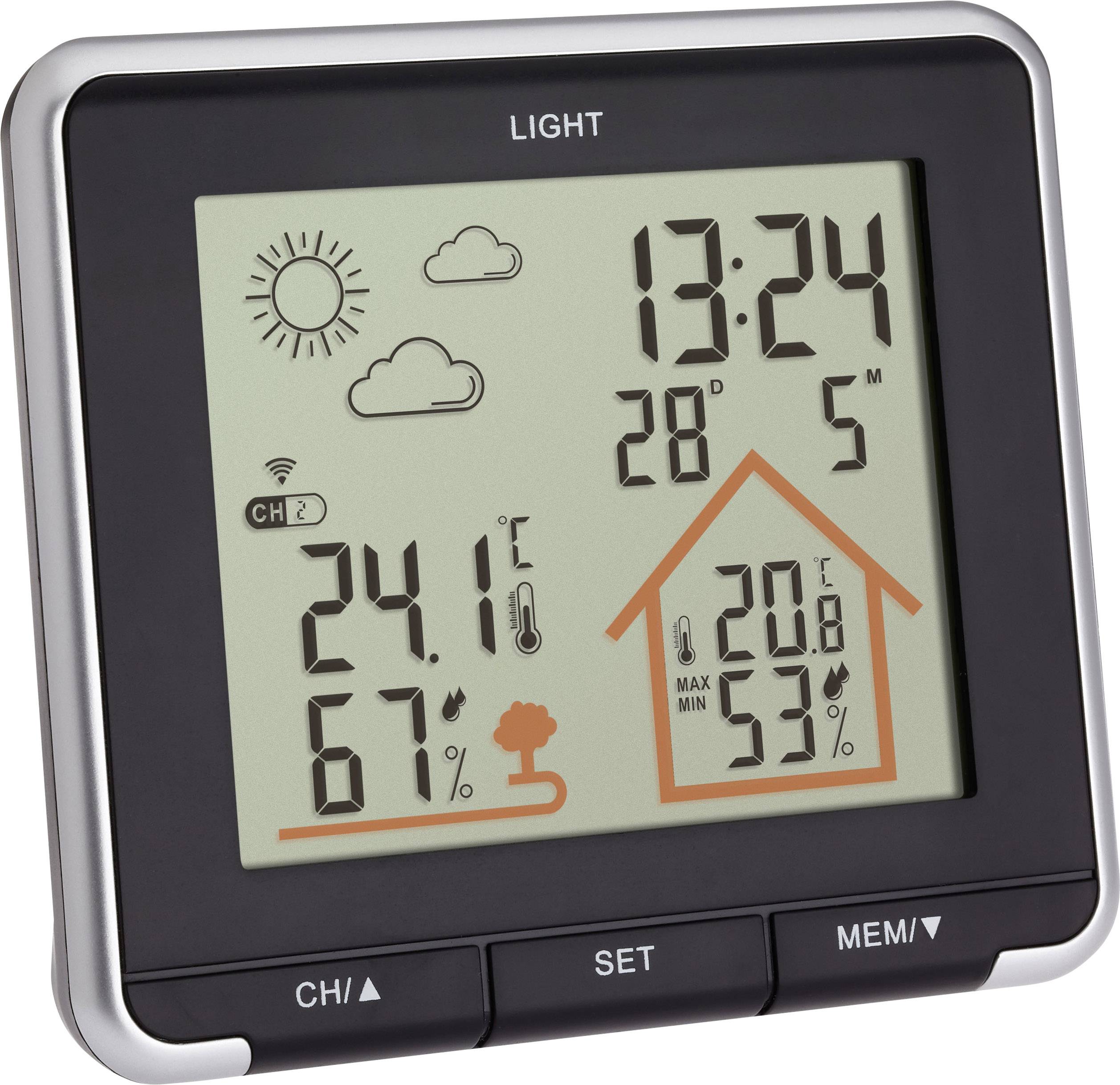 Digital thermometer shows 24.1°C, 67% humidity outside and 20.8°C, 53% humidity inside. Date and time: 28 May, 13:24.