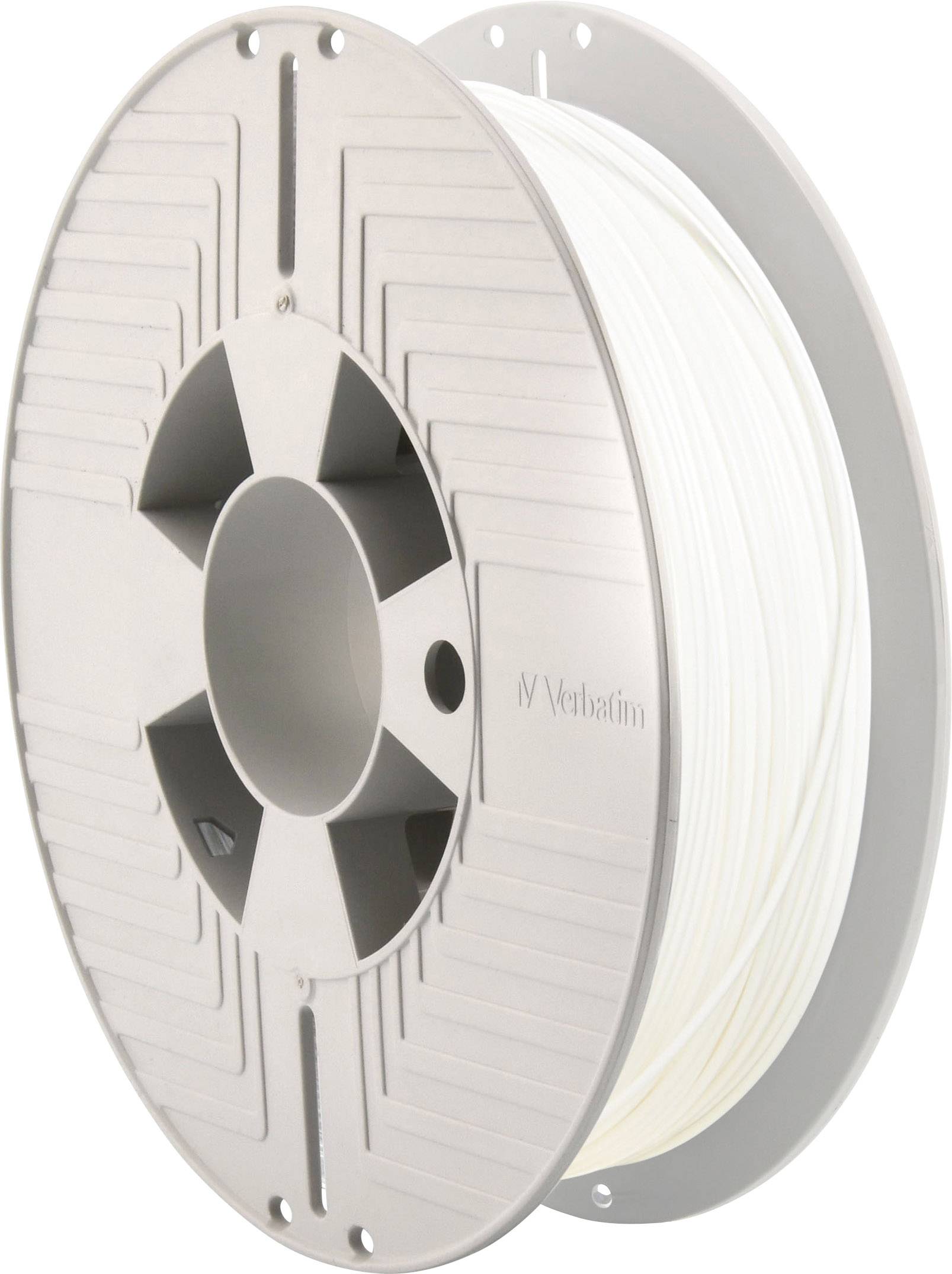 A spool of white 3D printer filament by Verbatim. It has a circular shape and ribbed structure around the centre of the reel.
