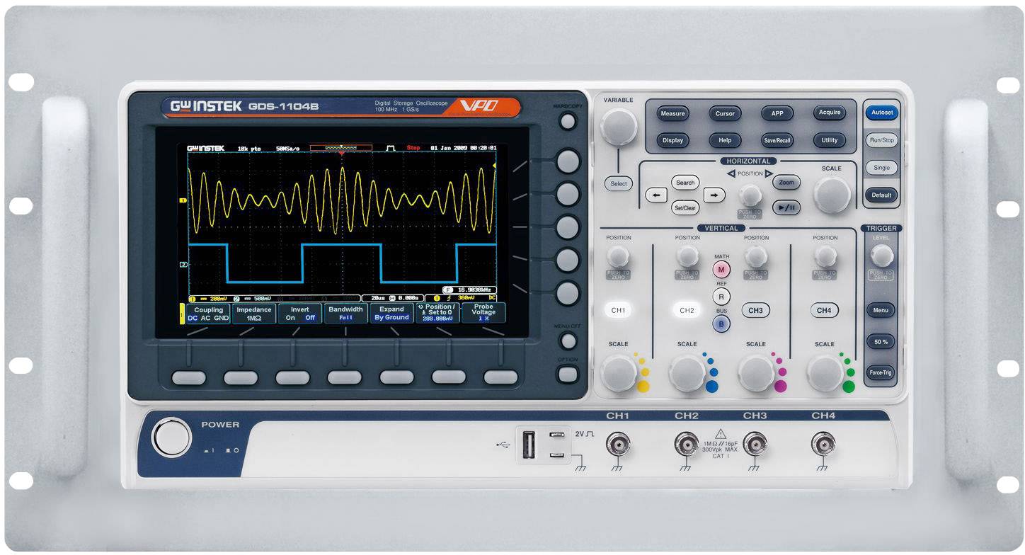 A oscilloscope with a screen displays sinusoidal and rectangular signals. Buttons and control knobs for adjustment are visible.