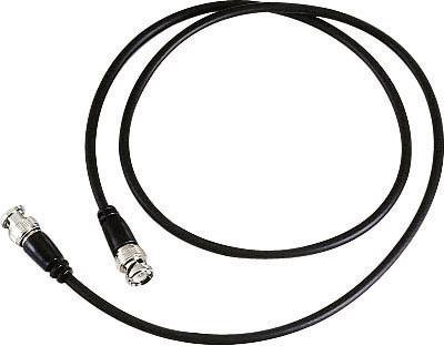 A black coaxial cable with BNC connectors at both ends, coiled on a white background.