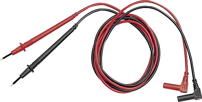 Two multimeter test leads, one red and one black, with angled banana plugs and sharp probes for electrical measurements.