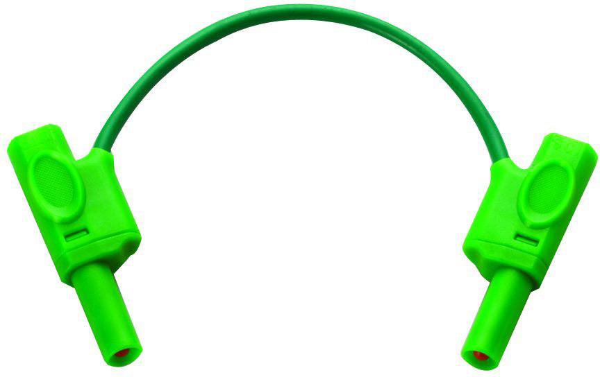 A green connecting cable with two identical plugs at the ends, used for electrical or electronic connections.