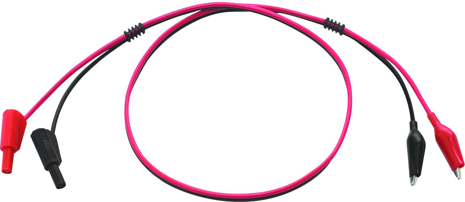 Two crocodile clip cables, one in red and one in black, connected by a red cable with spiral windings at both ends.