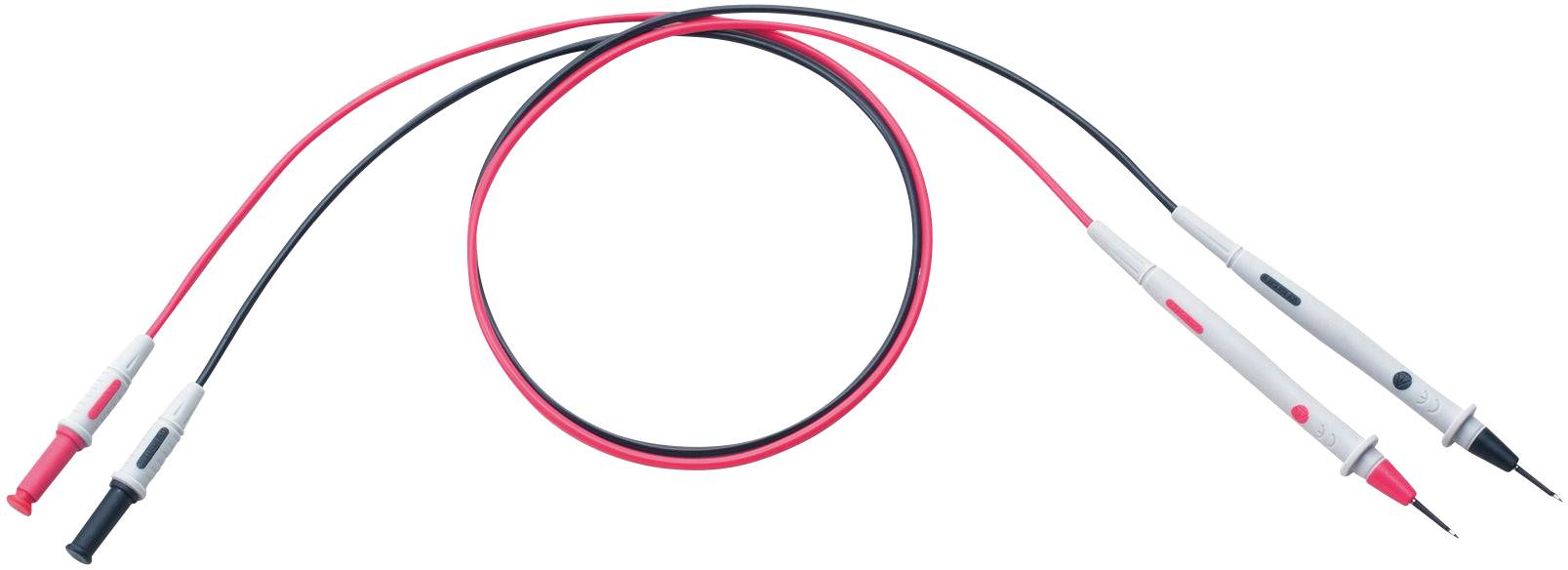Two measuring leads for a multimeter, one red and one black, with probes at one end and plugs at the other, on a white background.
