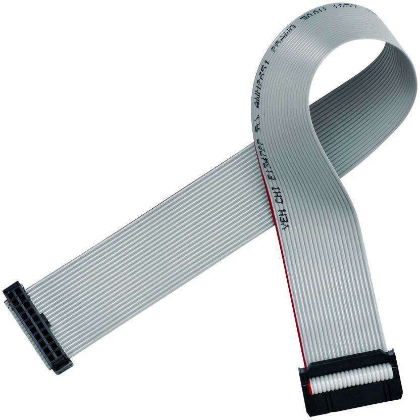A grey flat ribbon cable with two black connectors at its ends. The cable is curved and angled upwards.