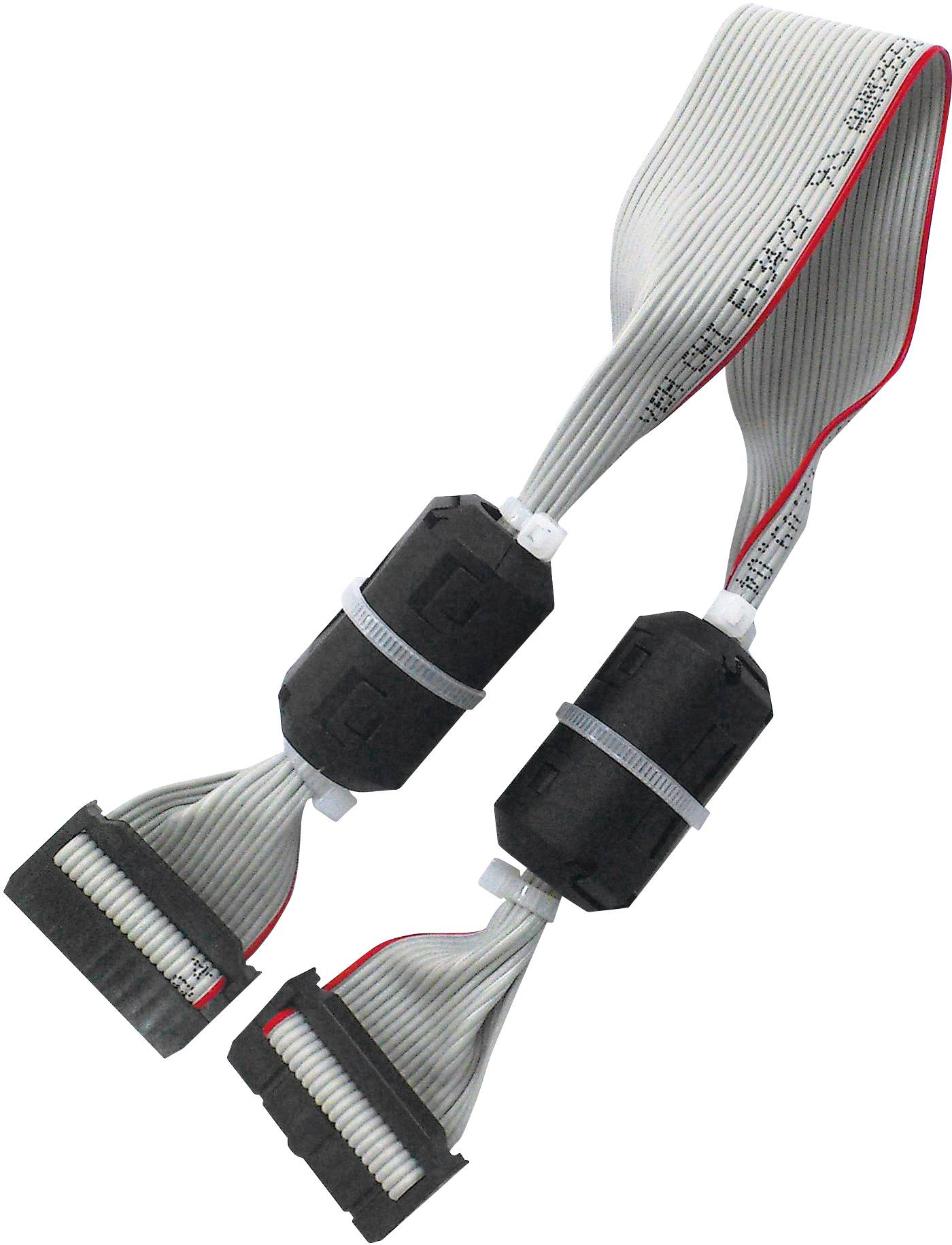 Flat ribbon cable with two connectors and ferrite cores, typical for use in computer hardware for data transmission.