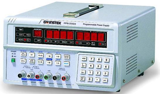 Programmable power supply with digital display and controls for voltage and current regulation. Predominantly silver casing.