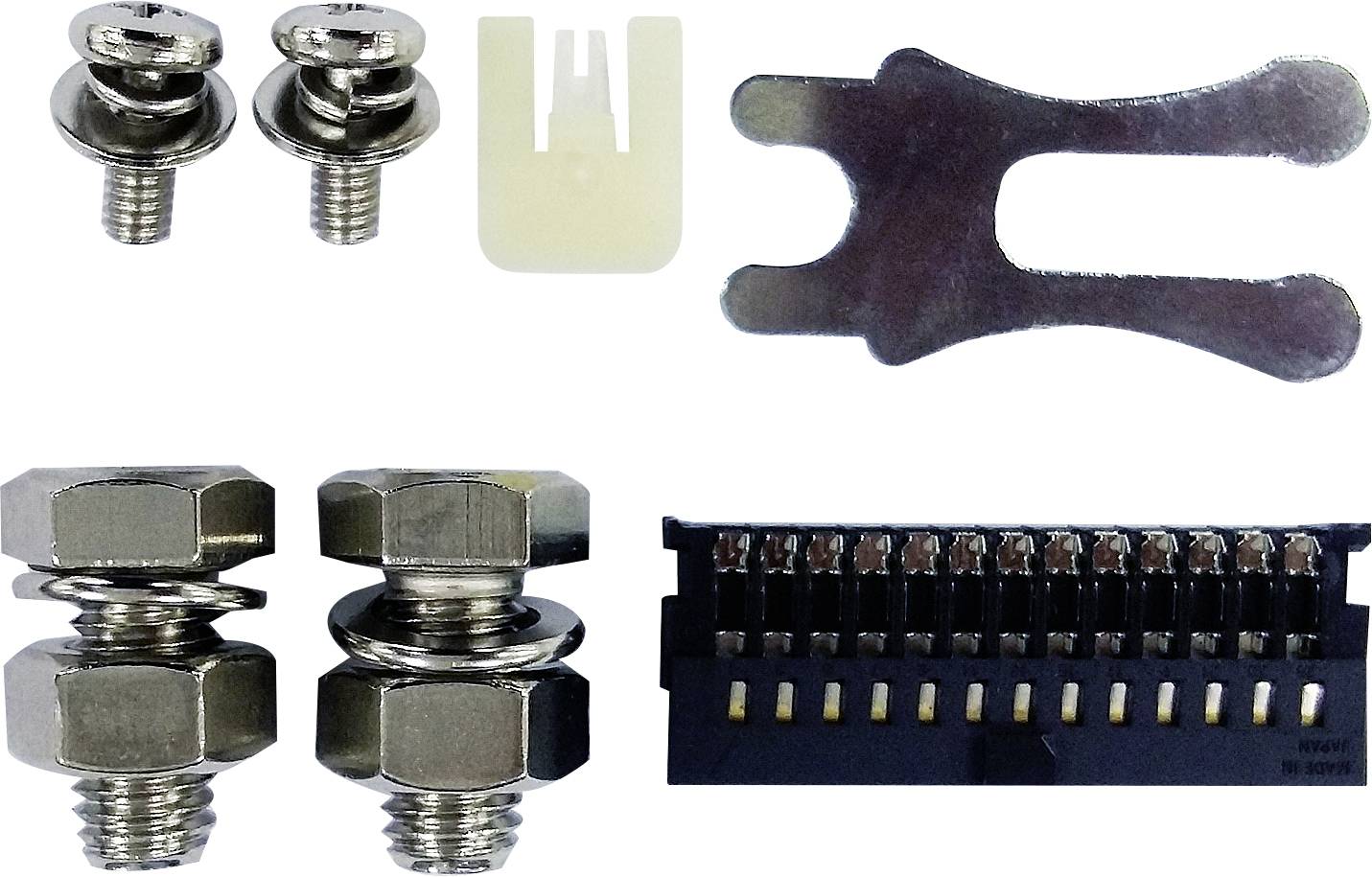 Set of screws with nuts, bolts, washers and a clamp. Used for securing electronic components.