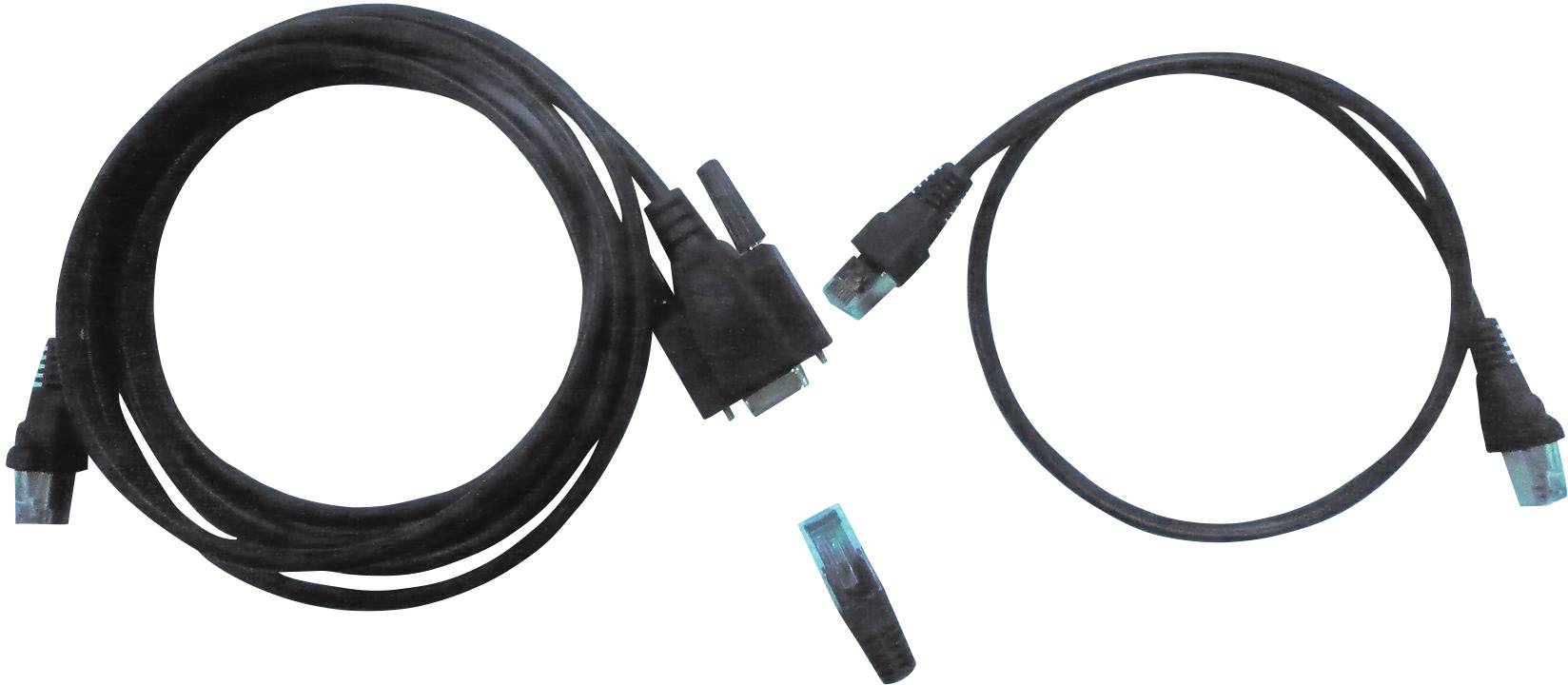 This picture shows two black Ethernet cables. One of the cables has a special end with an adaptor for a serial interface. A loose blue cable end lies between the two cables.