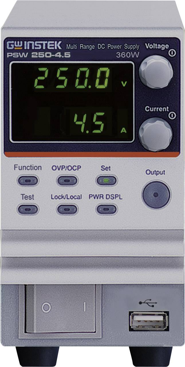 The image shows a digital multi-range DC power supply with displays for voltage (250V) and current (4.5A), model PSW 250-4.5.