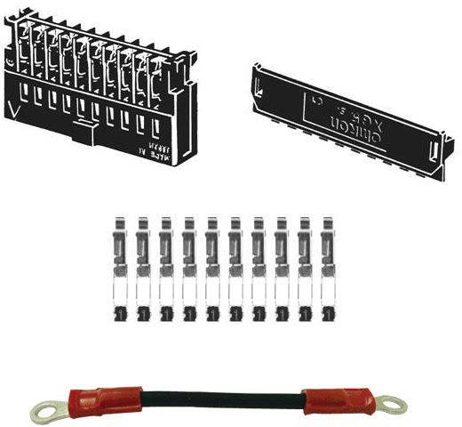 A set of electronic plug connectors and a fuse with red end caps. The components are for electrical installations.