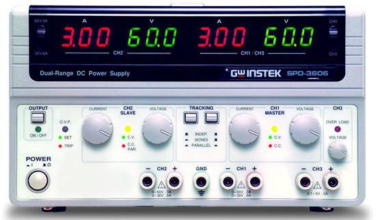 A dual DC power supply adapter displays voltages of 3.00V and currents of 6.0A for two channels. Option for parallel or series connection.