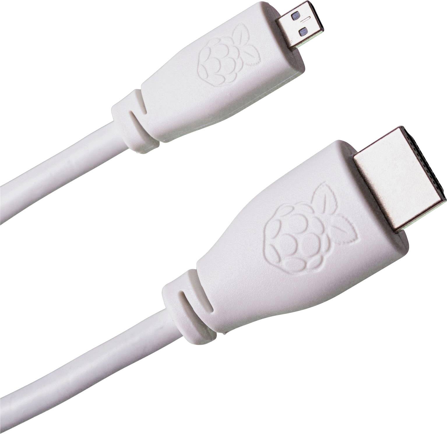 White cable with HDMI and Micro-USB connectors, Raspberry logo on the plugs.