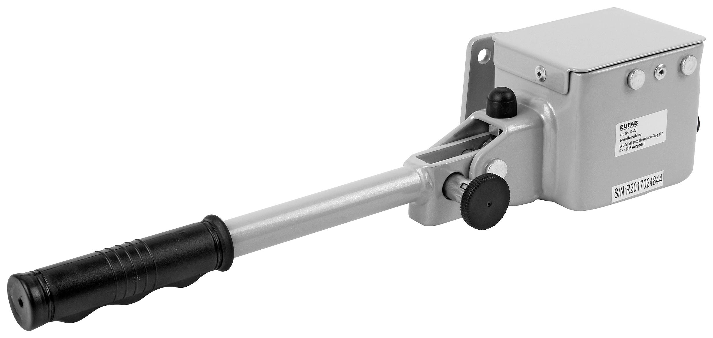 A metal lever with an ergonomic handle, connected to a rectangular housing. Suitable for industrial applications.