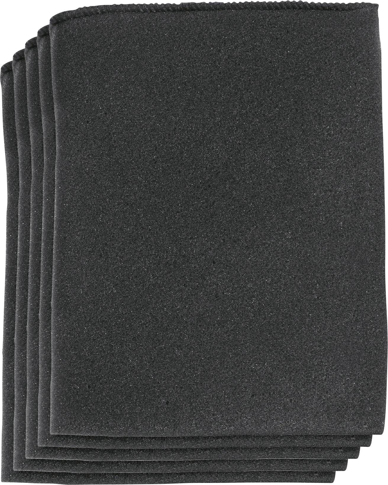 Six black cleaning cloths stacked on top of each other.