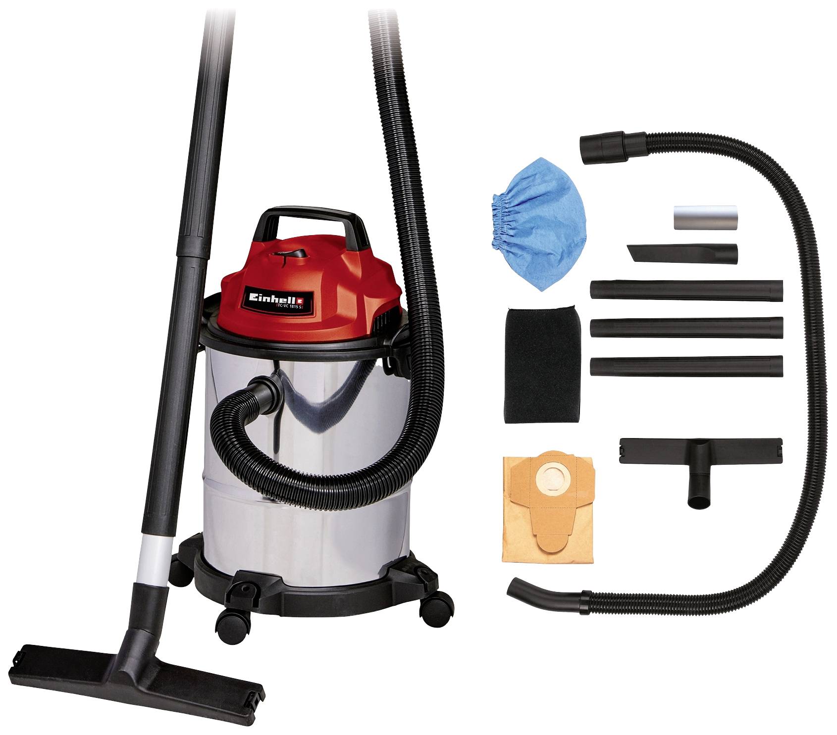 Wet and dry vacuum cleaner with a red lid, black hose, and various accessories including nozzles, tubes, and dust bags.