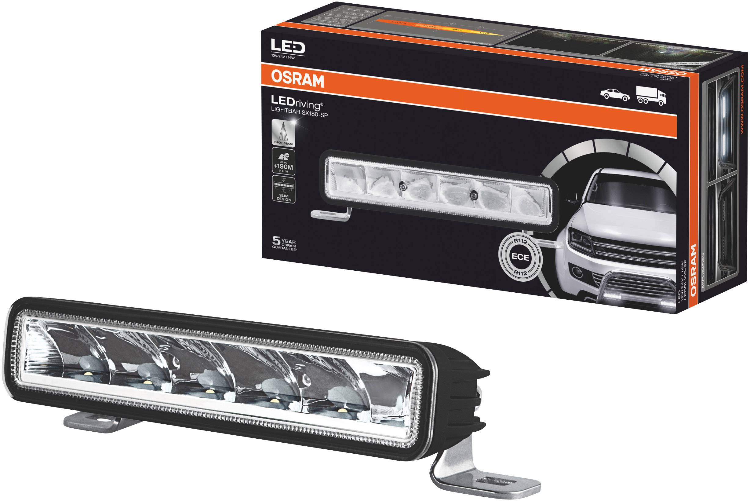 LED daytime running light by Osram with five LEDs. Product packaging in the background shows application example on a vehicle.