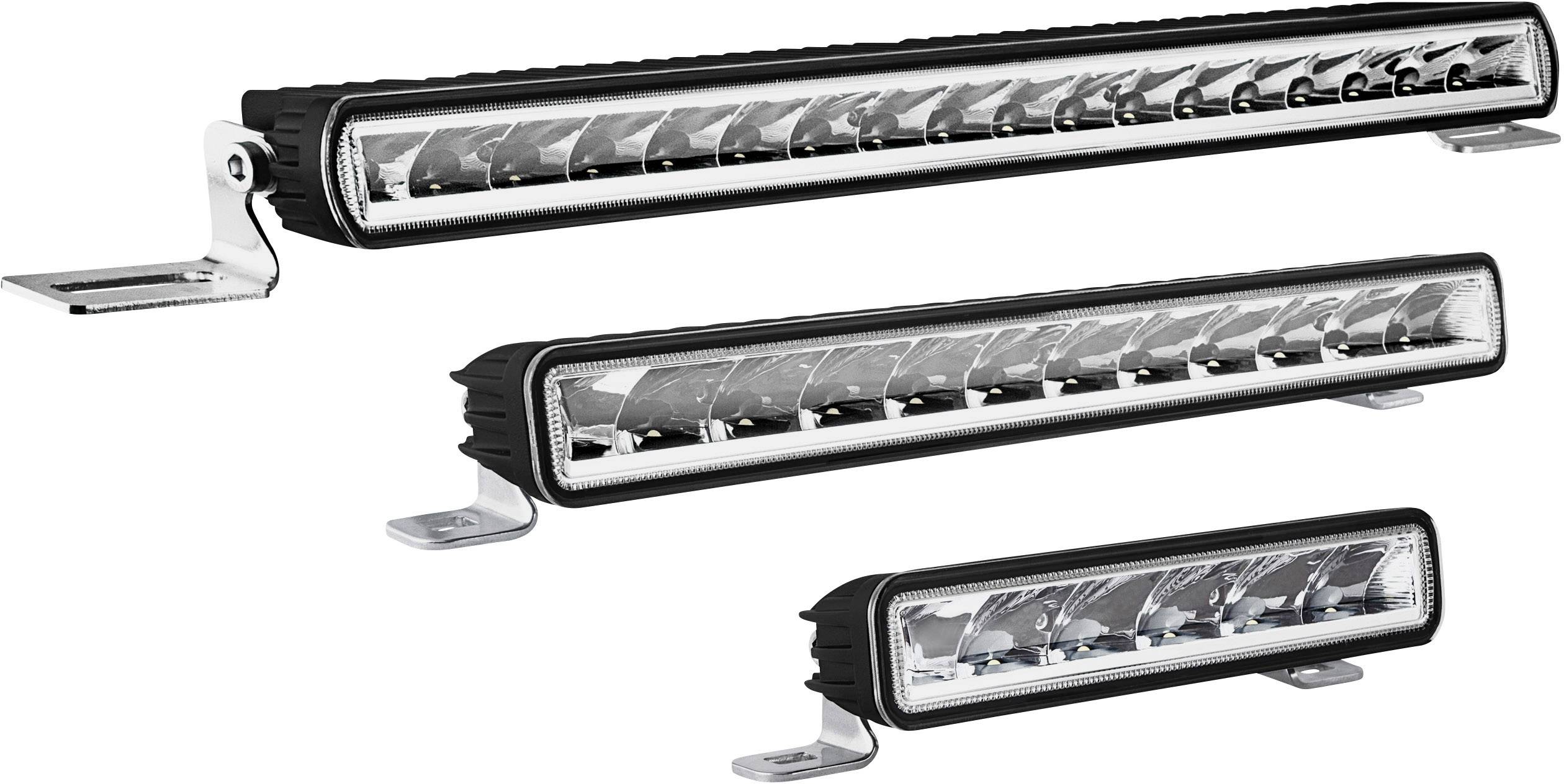 Three LED light bars of different sizes, arranged horizontally, with mounting brackets. Each bar features multiple light-emitting diodes.